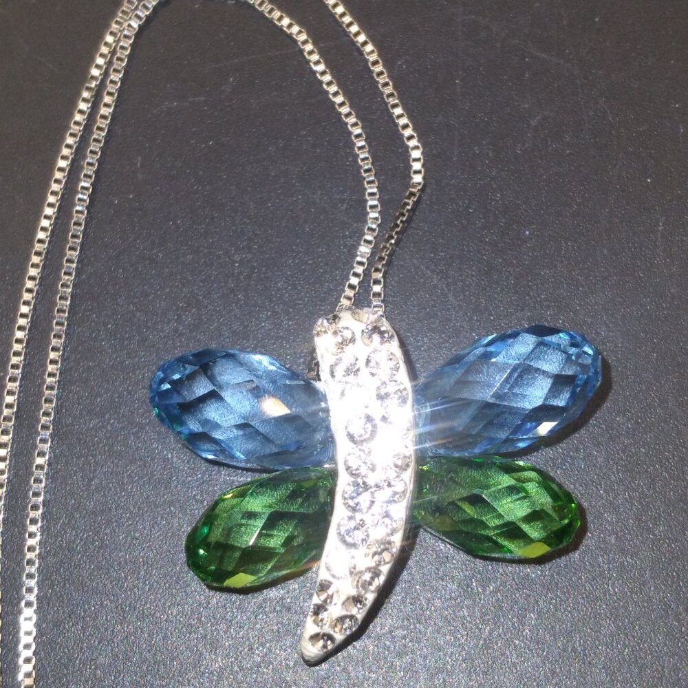 Sterling Silver Blue & Green Crystal Butterfly Pendant with Sterling Necklace